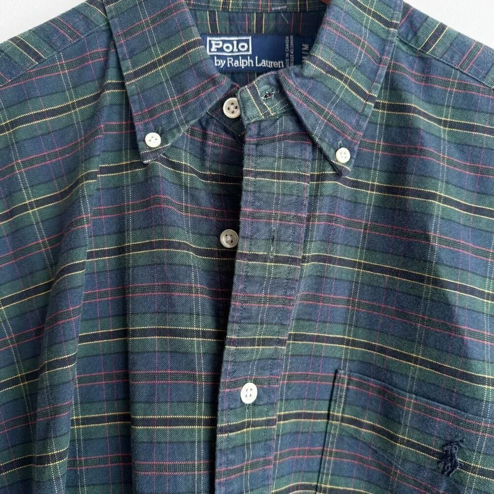Vintage Polo Ralph Lauren Green Blue Plaid Logo Button Down Shirt M